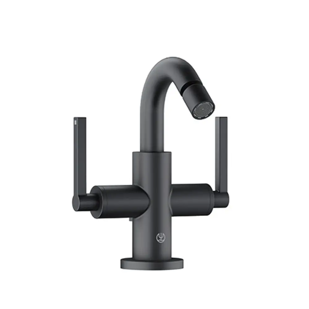 Schwarze Kludi-Bidetarmatur mit hohem, gebogenem Auslauf und zwei seitlichen Hebeln zur Wassersteuerung, geeignet für moderne Badezimmergestaltung.